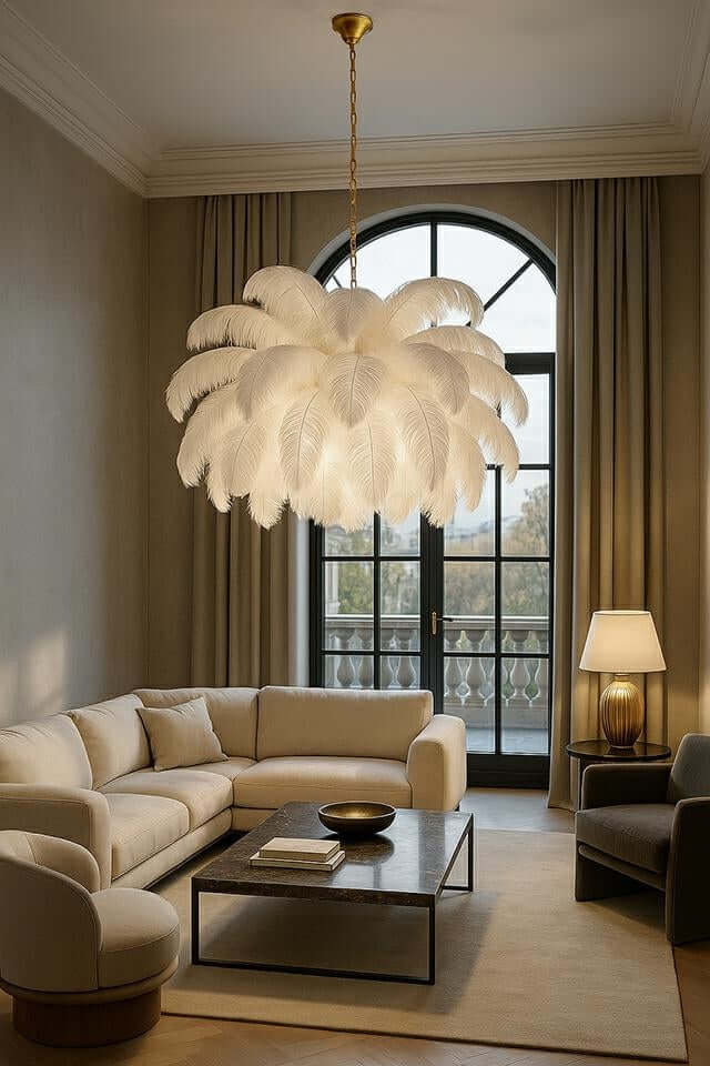 lampă suspendată Tiffany 135 alamă albă/pene naturaleMobCenter