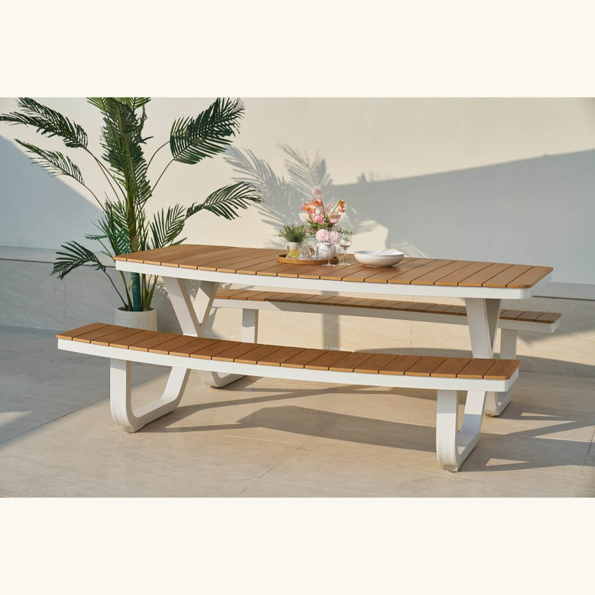 Set picnic Troy – blat polywood, cadru alb, 8 locuri