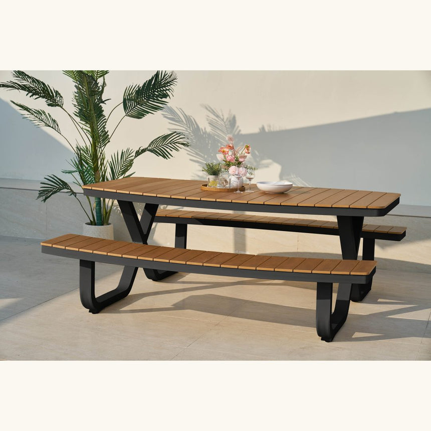 Set picnic Troy – blat polywood, cadru negru, 8 locuri