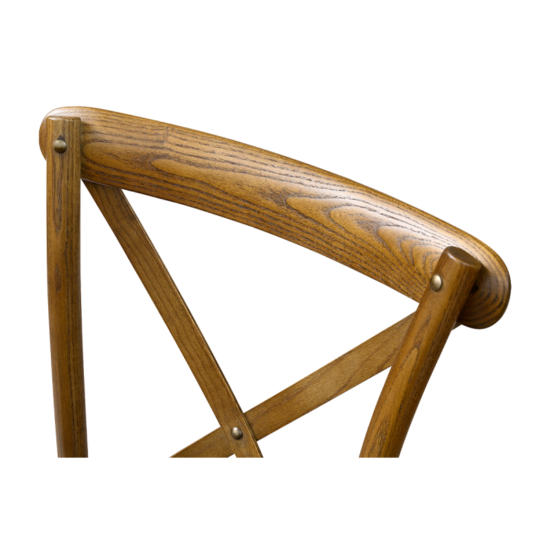Scaun cross-back rustic închis, văzut din lateral