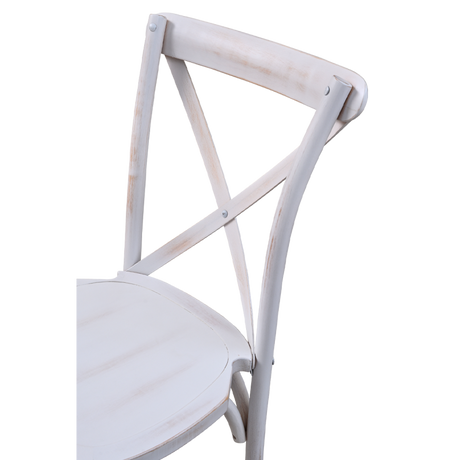 Scaun cross-back alb patinat, văzut din lateral