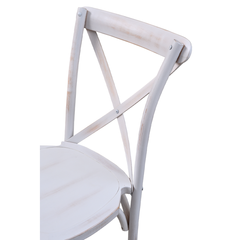 Scaun cross-back alb patinat, văzut din lateral